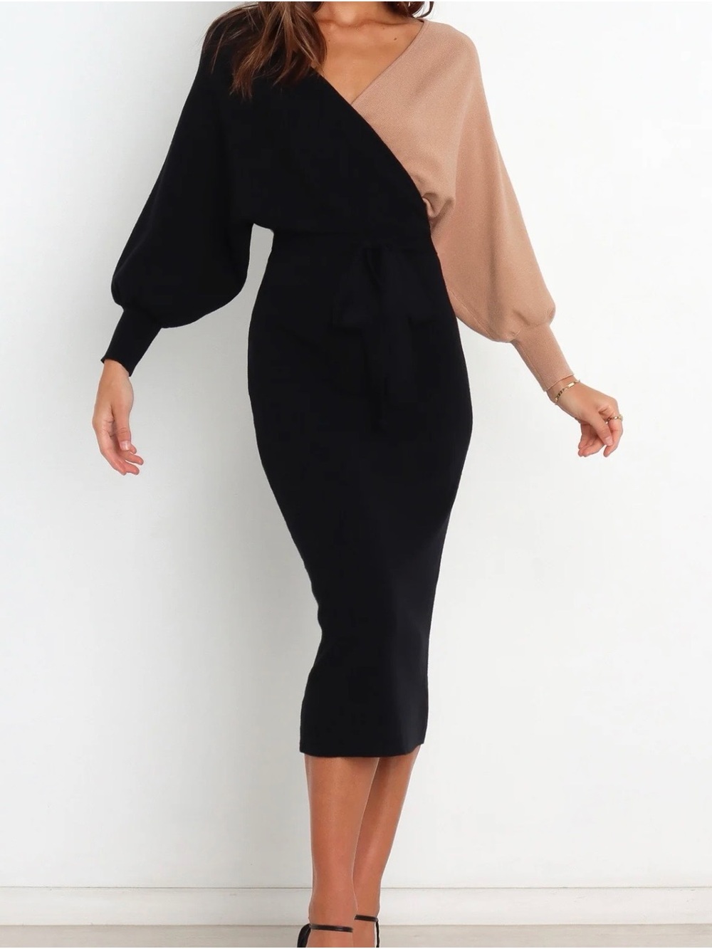 Two-Tone Black and Beige Midi Wrap Dress
